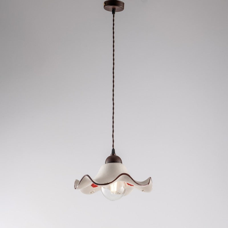 Lampadario cavo tessuto Nero Ruggine paralume in ceramica Bianco 30x h16 cm