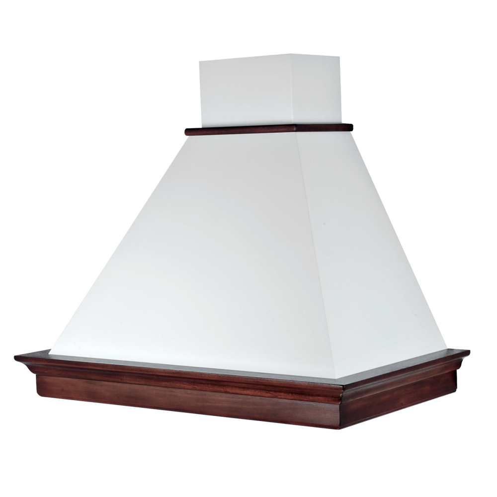 Cappa aspirante MARY in acciaio inox bianca e cornice in legno colore tabacco cm 90