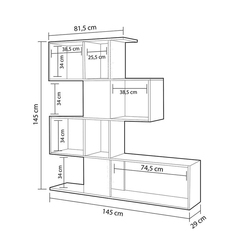 Libreria scaffale 4 livelli  9 scomparti bianco e rovere 145x29xh.145 cm