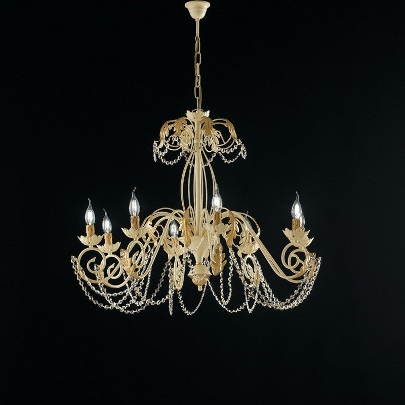 Lampadario in ferro Avorio Decape e Oro strass damasco otto luci 90x h70 cm