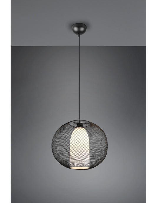 Lampadario Sospensione Diffusore Gabbia Tonda Metallica Nero Con Vetro Opale Filo Trio Lighting