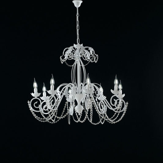 Lampadario in ferro Bianco Shabby strass damasco otto luci 90x h70 cm