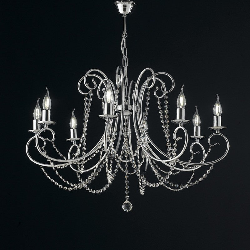 Lampadario in ferro Cromato otto luci con strass 74x h58 cm