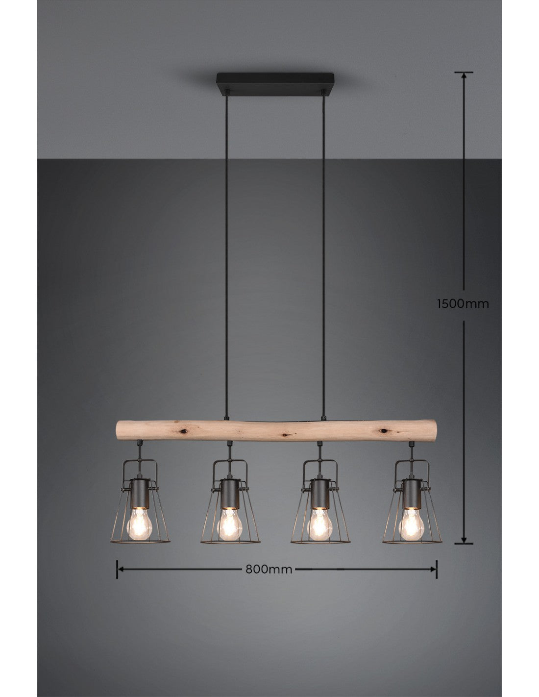 Sospensione Barra Legno 4 Luci Jaipur Industriale Vintage Nero E Legno Trio Lighting