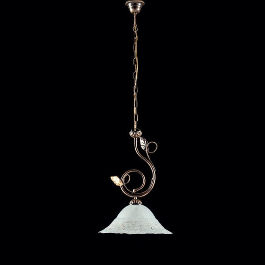 Lampadario ferro Marrone Oro una luce paralume vetro Bianco 33x h49 cm