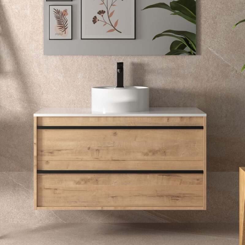 Mobile bagno sospeso Nuar100 rovere ostippo lavabo appoggio 2 cassetti 100x45x54h