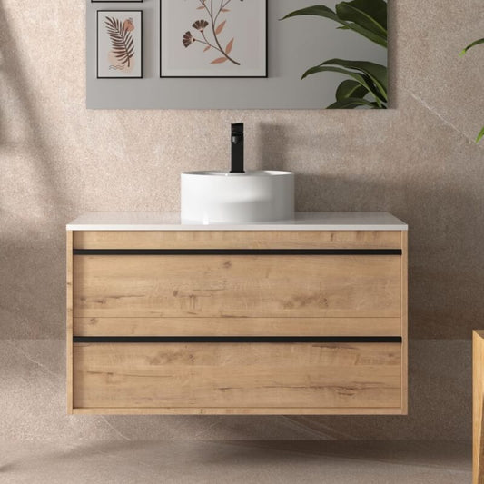 Mobile bagno sospeso Nuar100 rovere ostippo lavabo appoggio 2 cassetti 100x45x54h
