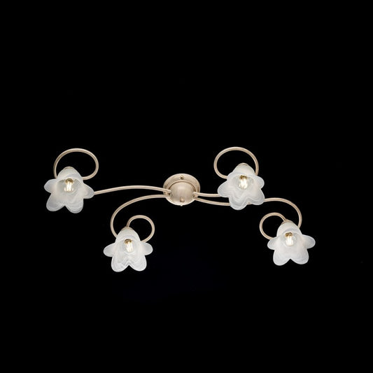 Plafoniera fiori  in ferro Avorio Oro quattro luci paralumi  87x40x h17 cm