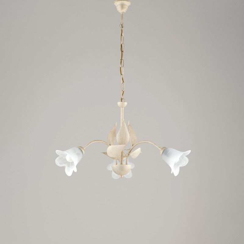 Lampadario in ferro Avorio Oro tre luci vetri Alabastro Bianchi 60x h43 cm