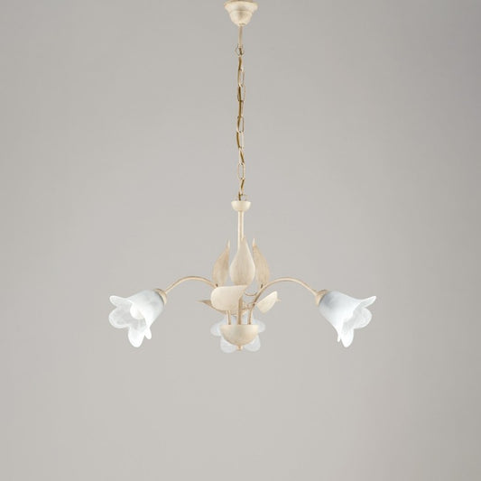 Lampadario in ferro Avorio Oro tre luci vetri Alabastro Bianchi 60x h43 cm