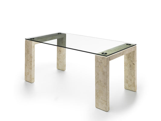 Tavolo fisso 180x90 cm con top in vetro temperato e gambe e base beige