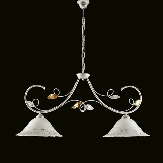 Lampadario  ferro Bianco Oro due luci paralumi in vetro Bianco 94x h49 cm