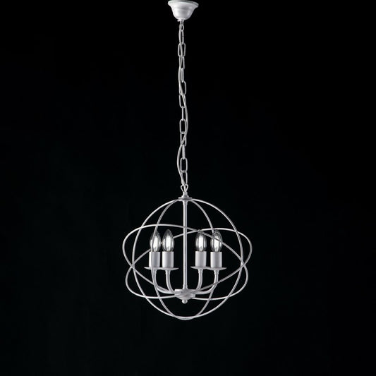 Lampadario deco sospensione ferro Bianco Argento quattro luci 39x h42 cm