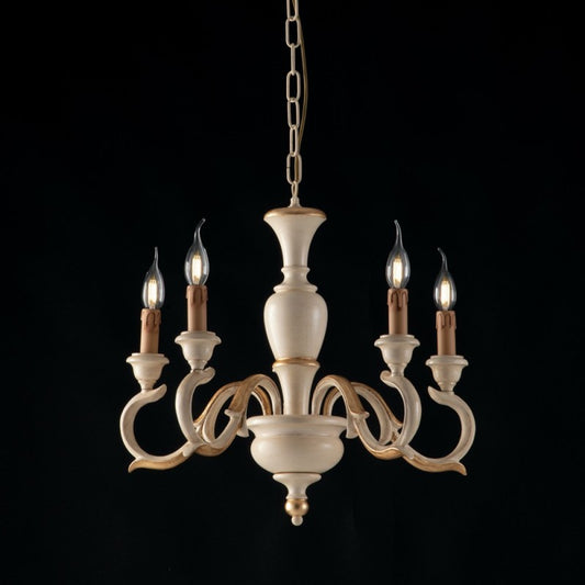 Lampadario in legno Avorio e Foglia Oro cinque luci 50x h50 cm