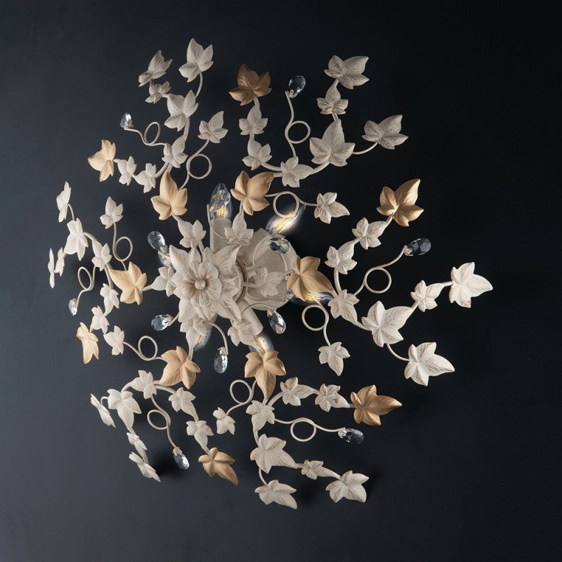 Plafoniera in ferro Avorio Oro Chiaro e strass sei luci 80x h22 cm edera