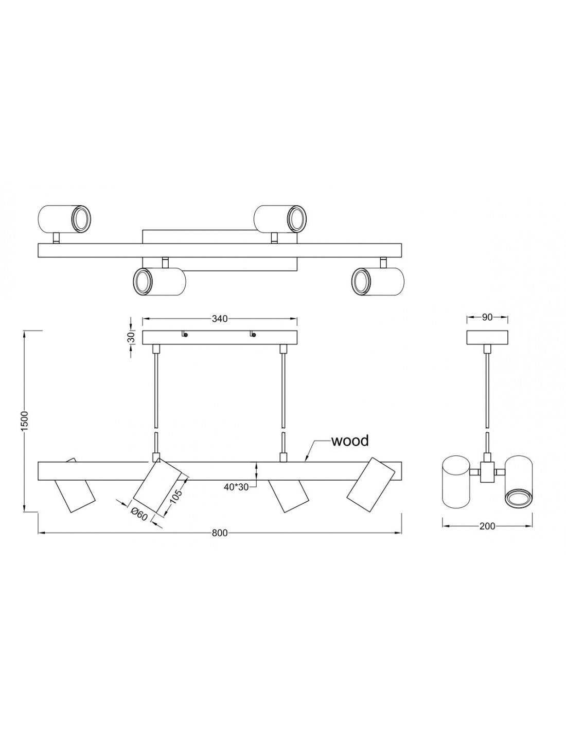 Lampada Sospensione Lineare Legno 4 Spot Cilindrici Orientabili Bianco Marley Trio Lighting