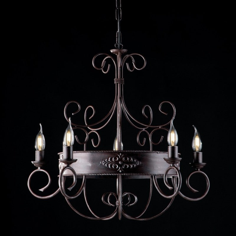 Lampadario in ferro laccato nero con decorazione ruggine 5 luci