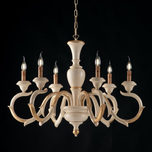 Lampadario in legno Avorio e Foglia Oro sei luci 91x h65 cm