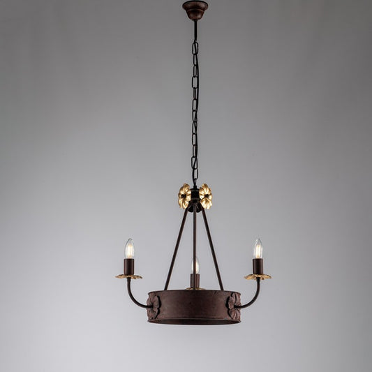 Lampadario in ferro Nero Ruggine rifinitura Oro impero tre luci 44x h48 cm
