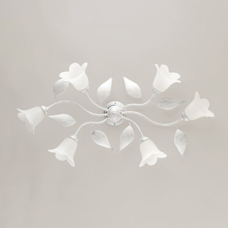 Plafoniera in ferro Bianco Argento sei luci vetri Alabastro Bianchi 95x52x h20 cm