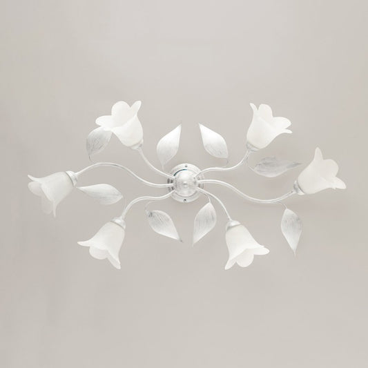 Plafoniera in ferro Bianco Argento sei luci vetri Alabastro Bianchi 95x52x h20 cm
