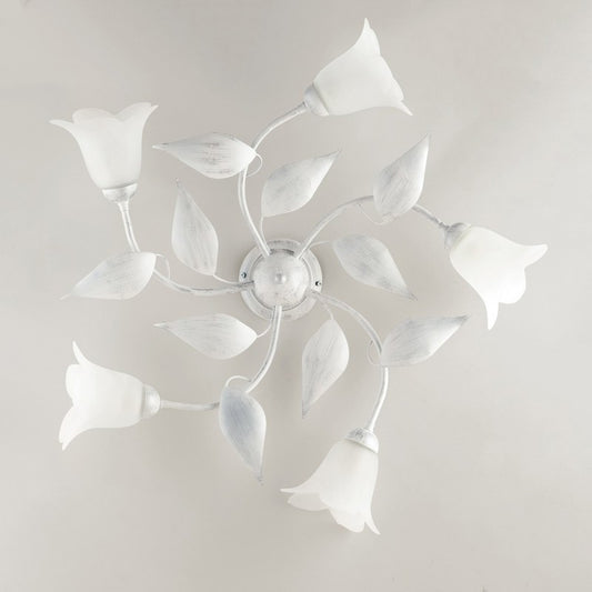 Plafoniera in ferro Bianco Argento cinque luci vetri Alabastro Bianchi 70x h20 cm