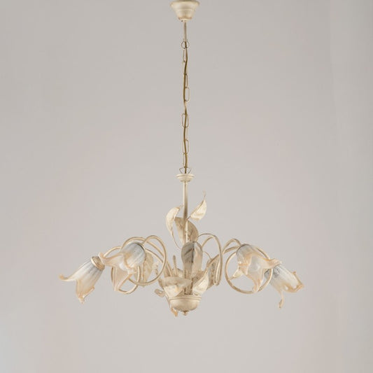 Lampadario in ferro Avorio Oro Vetri Bianchi Ambra cinque luci 73x h43 cm