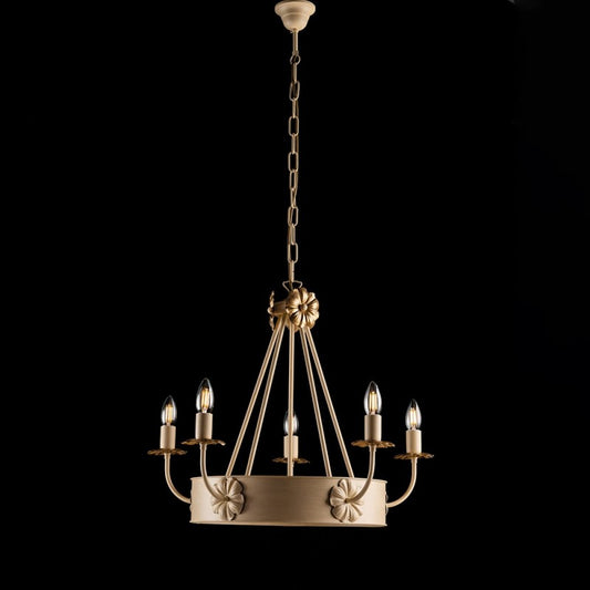 Lampadario ferro Avorio Decape rifinitura Oro impero cinque luci 59x h52 cm