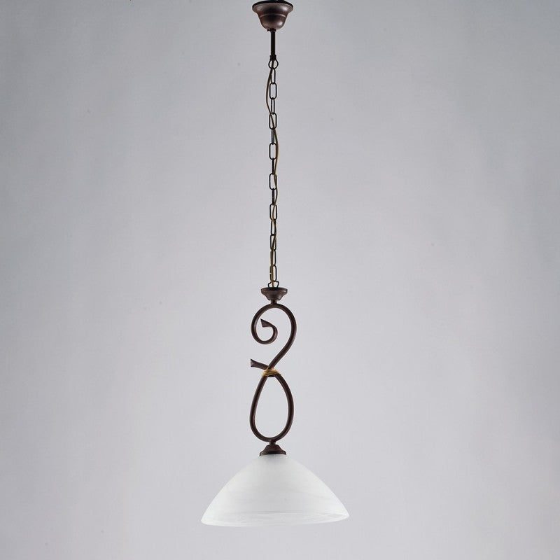 Lampadario in ferro Nero ruggine una luce paralume  vetro Alabastro bianchi 30x h52 cm