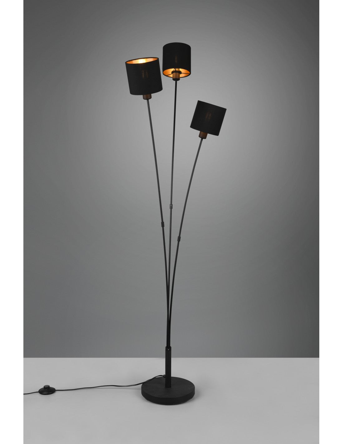 Piantana Tommy 3 Paralumi Tessuto Nero E Oro Trio Lighting