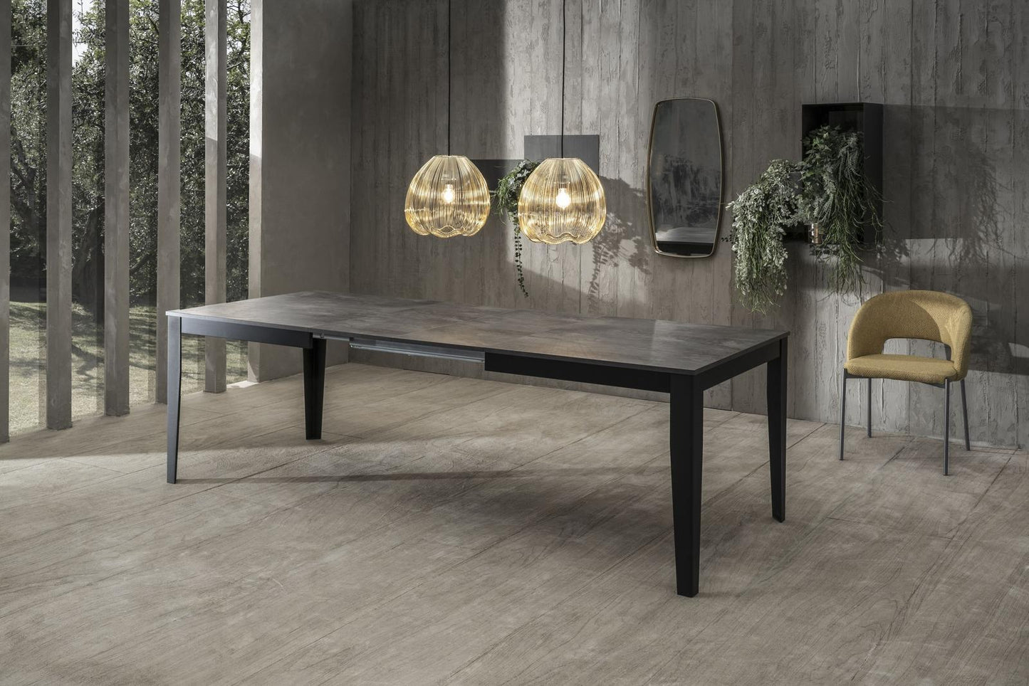 Tavolo allungabile cemento grigio- metallo nero 90 cm x 156- 316 cm H. 76 cm