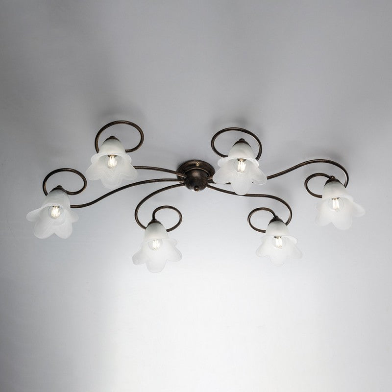Plafoniera ferro Marrone Oro sei luci paralumi in vetro Bianco 99x50x h17 cm