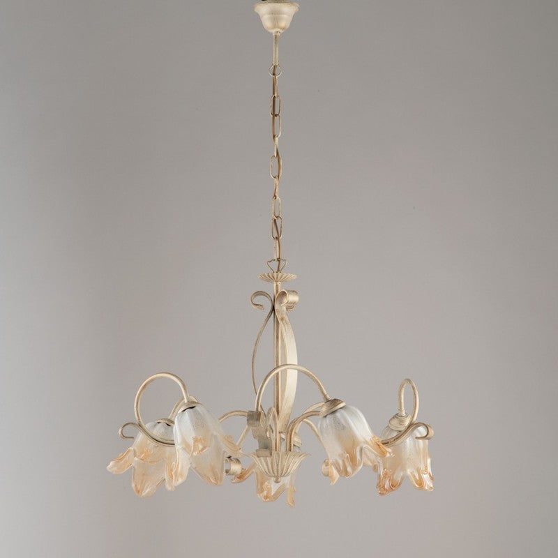 Lampadario in ferro Avorio Oro cinque luci paralumi in vetro Bianco Ambra 64x h45 cm