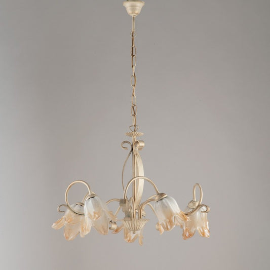 Lampadario in ferro Avorio Oro cinque luci paralumi in vetro Bianco Ambra 64x h45 cm