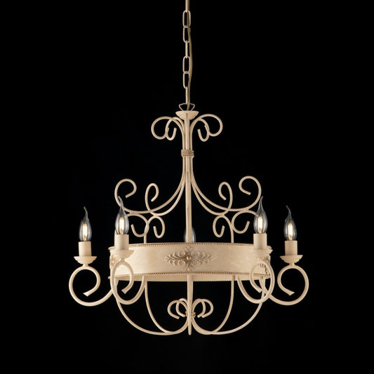 Lampadario in ferro laccato avorio con decoro decape 5 luci con fregi