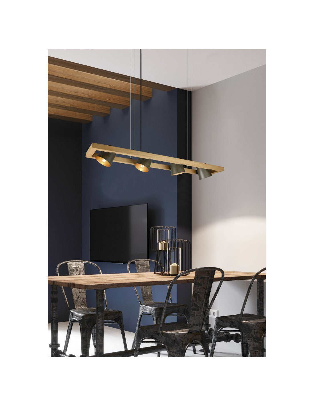 Lampadario Sospensione Rettangolare 4 Spot Orientabili Legno E Metallo Nichel Bell Trio Lighting