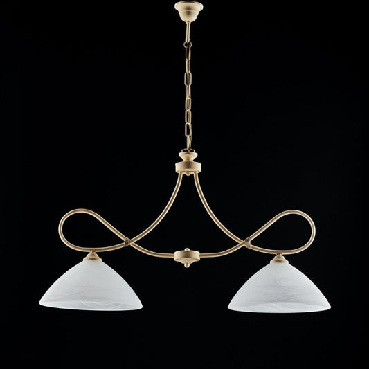 Lampadario in ferro Avorio decape due luci paralumi in vetro Alabastro bianchi 92x h50 cm