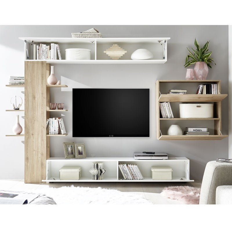 Parete attrezzata da soggiorno Bianco e rovere  L.295xP30xh.187 cm