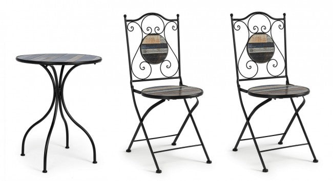 Set da giardino tavolo e 2 sedie con decori in ceramica Huston