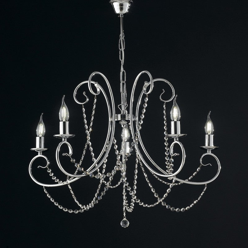 Lampadario in ferro Cromato cinque luci con strass 68x h55 cm