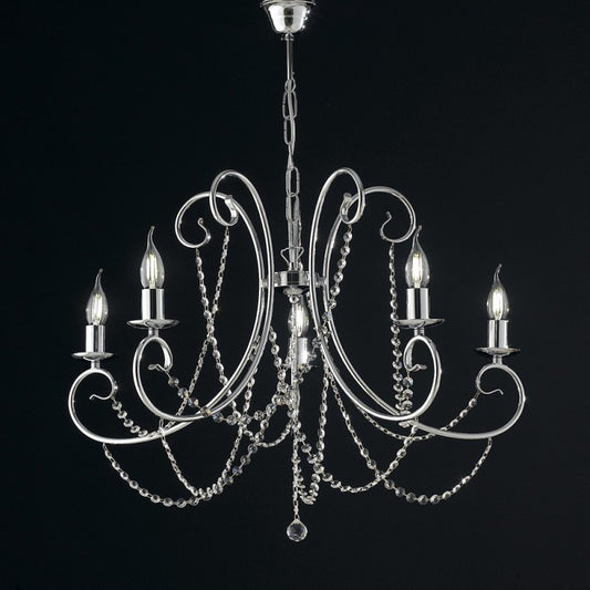 Lampadario in ferro Cromato cinque luci con strass 68x h55 cm