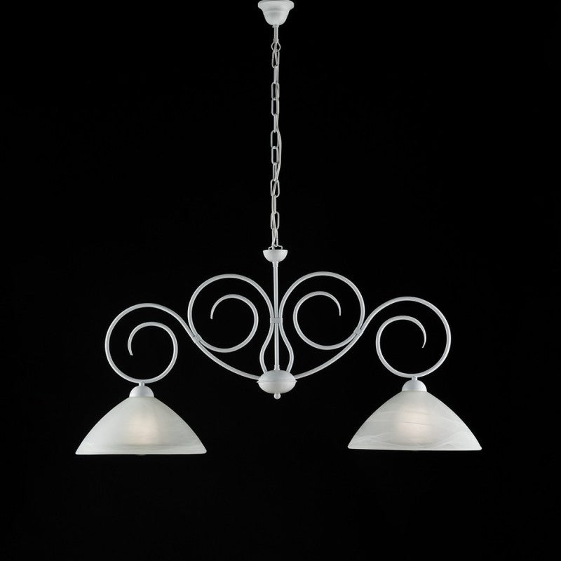 Lampadario ferro Bianco Shabby due luci paralumi in vetro Bianco 99x h52 cm