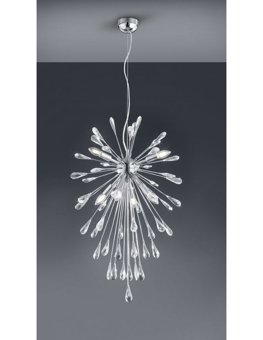 Sospensione Fuochi d'Artificio 7 Luci Minsk Cromo con Gocce Cristallo Trio Lighting