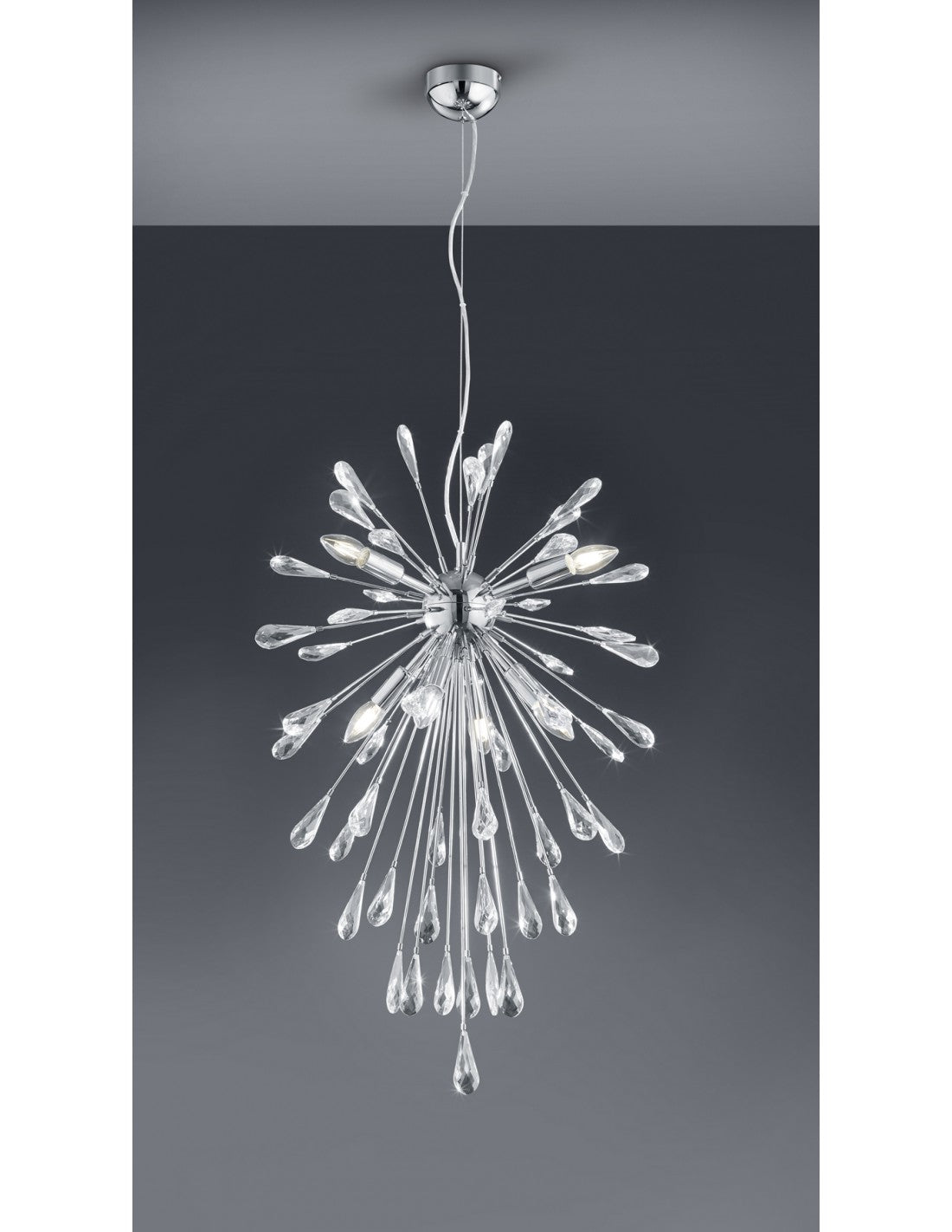 Sospensione Fuochi d'Artificio 7 Luci Minsk Cromo con Gocce Cristallo Trio Lighting