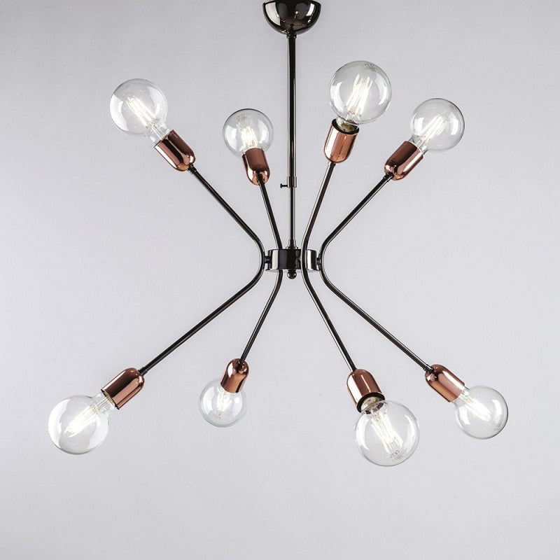 Lampadario moderno ferro Nero rifiniture Rame otto luci 65x h67 cm urban