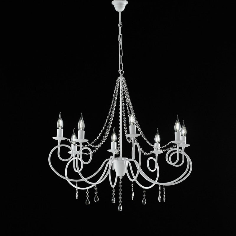 Lampadario in ferro Bianco otto luci decorazione shabby e strass 80x h75 cm