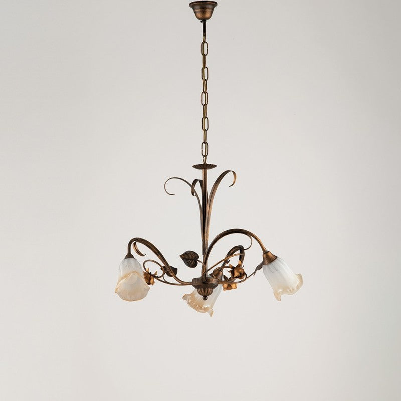 Lampadario a sospensione in ferro Marrone Oro foglie tre luci 54x h43 cm
