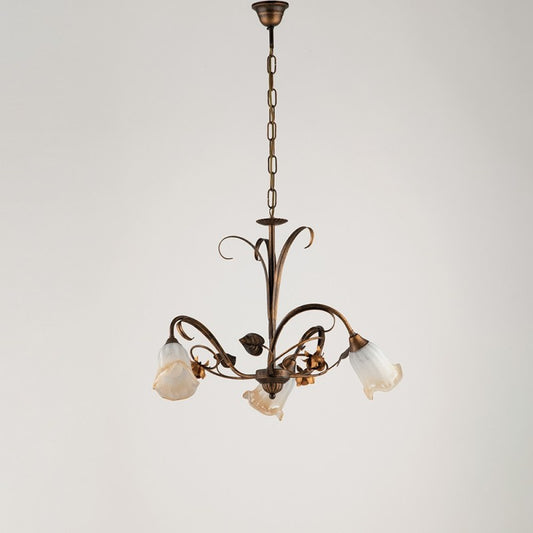 Lampadario a sospensione in ferro Marrone Oro foglie tre luci 54x h43 cm