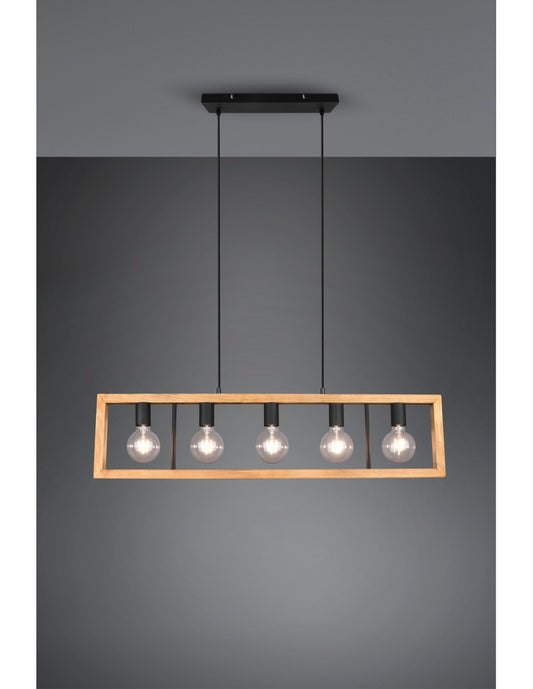 Lampadario Agra Gabbia Rettangolare Legno 5 Luci Legno Naturale E Nero Trio Lighting