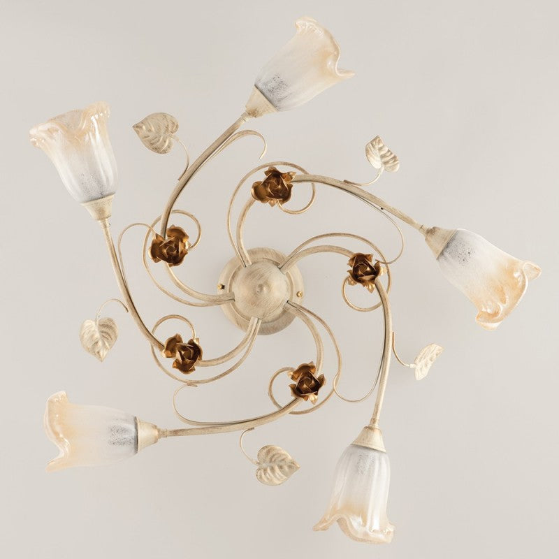 Plafoniera in ferro Avorio Oro rose cinque luci 70x h15 cm